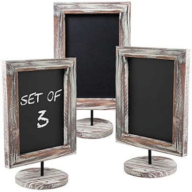 MyGift Set of 3 Tabletop Chalkboard Sign with Torched Wood Frame and Round Base Decorative Wedding Table Place Card Signage Rustic Small Kitchen Countertop Memo Board
