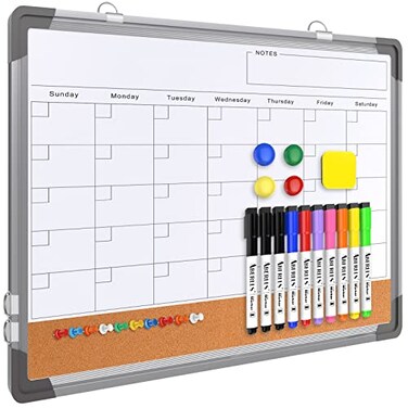 ABERLLS Monthly Calendar Whiteboard for Wall 17x13 Inches Dry Erase Board with Cork Board Combo Small Magnetic White Board DoubleSided Hanging Portable Board for Office School Home Kitchen Planner Mem