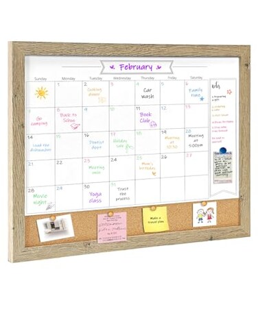 TORASO Dry Erase Calendar Whiteboard for Wall Small Combination Magnetic Dry Erase White Board Bulletin Board 13 x 17 Rustic Brown Frame CalendarCork Combo BoardRB3343