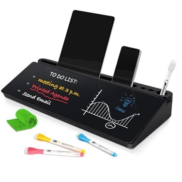 DOLLAR BOSS Glass Desk Whiteboard Small Dry Erase Board Desktop White Board with Storage Drawer Computer Keyboard Stand Desk Organizer Office Accessories School Supplies with 4 Markers 1 Rag Black