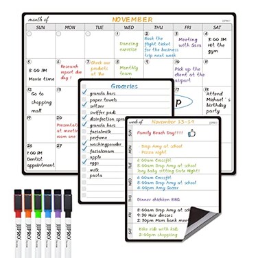 JJPRO Magnetic Monthly Calendar Whiteboard Set for FridgeMonthly Planning Board and Two Bonus Dry Erase Grocery BoardWeekly Menu BoardMeal Planner WhiteboardtoDo List6 Markers