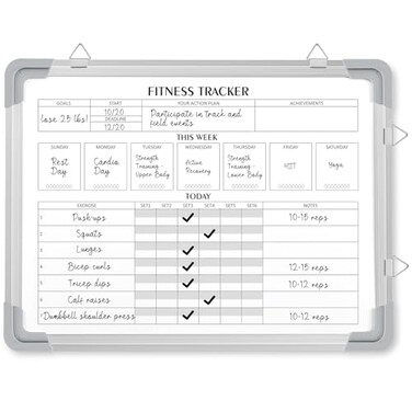 Lincia 16 x 12 Inch Fitness Tracker Whiteboard Workout Calendar for Home Gym Dry Erase Planner Hanging Removable to Do List for Wall Whiteboard with Aluminum Frame for Gym ProgramStyle A