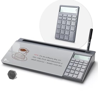 TOWON Desktop Glass Whiteboard with Basic Calculator 12 Digit LCD Display Desk Organizers with Accessories for Office Home School Supplies Storage with Dry Erase Board Surface Gray 18 x 6
