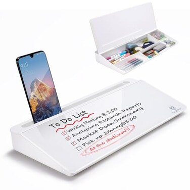 TSJ OFFICE Small Desktop Whiteboard Glass Dry Erase Board Computer Keyboard Stand White Board Surface Pad with Drawer Desk Organizers with Accessories for Office Home School Supplies White