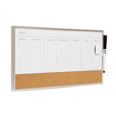 U Brands Magnetic Dry Erase Weekly Calendar White Board With Cork Strip 18 x 75 Silver Aluminum Frame Includes Magnet Marker