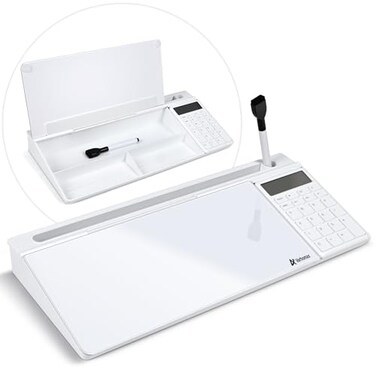 Varhomax Glass Desk Whiteboard with Calculator Desktop Dry Erase White Board with Storage to Do List Memo Notepad for Home and Office