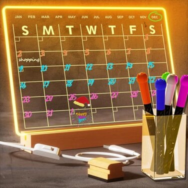 RR RAXMIN Light Up Clear Dry Erase Calendar 13 x 9 inch with 5 Markers Acrylic Lighting Markable Calendar Board Agenda for BedroomOfficeHomeKitchen