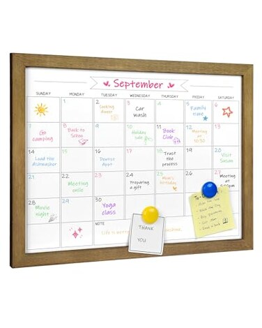 TORASO Dry Erase Monthly Calendar Whiteboard Magnetic Surface White Board for Wall OfficeSchoolHome Solid Pine Wood Rustic Brwon Frame Hanging Board Planning Board 13x 17 YLRB3343B