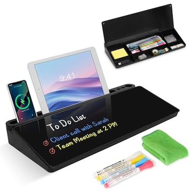 WALGLASS Desktop Glass Whiteboard with Storage Desk Board with Computer Keyboard Stand White Dry Erase Board with Drawers for Home School Office Desk Organizers and Accessories Black