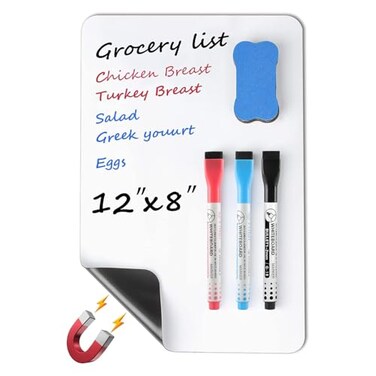 MaxGear Small Magnetic Dry Erase Board Sheet for Refrigerator Fridge Whiteboard for Kitchen 12x8 White Board Organizer and Planner with Stain Resistant Technology Include 1 Eraser 3 Markers