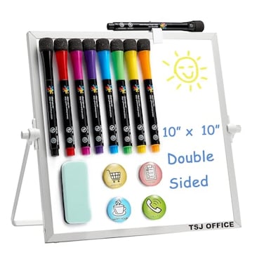 TSJ OFFICE Small White Board 10 X 10 Inches Small Magnetic Dry Erase Board with Hooks for Wall Desktop Whiteboard Stand 360 Degrees Revolving Double Sided for Office Home School Silver