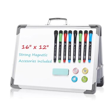 TSJ OFFICE Small Dry Erase White Board 12 x 16 Mini Easel Desktop Double Sided Whiteboard Portable Magnetic Board on Table Top with Holder for Drawing Teacher Instruction Memo Board