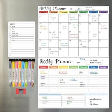 Hivillexun 3Pack Magnetic Dry Erase Calendar Whiteboard Set for Fridge Wall Refrigerator Organisation Monthly Weekly Daily Planners Includes 8 Markers Eraser