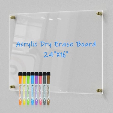 Custign Clear Acrylic DryErase Board 24x16 Transparent WallMount Writing Panel Includes 8 Color Markers Eraser Standoff Screws Install Kit Ideal for Home Office