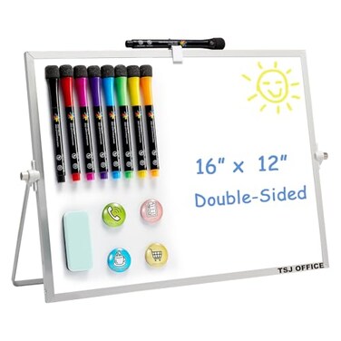 TSJ OFFICE Small White Board 12 X 16 Inches Small Magnetic Dry Erase Board with Hooks for Wall Desktop Whiteboard Stand 360 Degrees Revolving Double Sided for Office Home School Silver