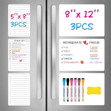 NUITPY 6 Pack Magnetic Dry Erase Board 3 Pack 8 x 12 3 Pack 5 x 8 Magnetic Whiteboard for Fridge Magnetism Notepad for Fridge with 6 Markers 1 Eraser