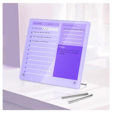 Marribol Desktop Thick Acrylic Dry Erase Board to Do Planning Board 12 x 10 Desktop White Board with Stand Frameless Purple Dry Erase White Board for OfficeHomeSchool