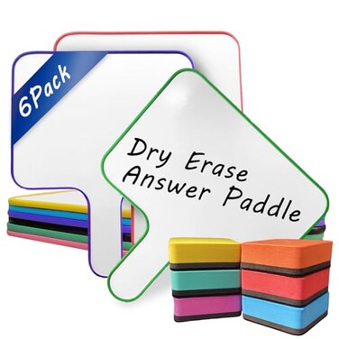 Ayliwee 6 Pack Dry Erase Answer Paddles 10x 8 Double Sided Handheld Mini Whiteboards with 6 Colorful Erasers Voting Auction Boards Small Writing Board for Office Classroom Teacher Supplies and Games