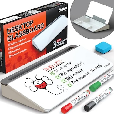 Chalkola Glass Desktop Whiteboard with Storage Dry Erase Board Work Desk Organizers Computer Keyboard Stand Home Office Desk Accessories Small White Board Workspace Desktop Buddy 3 Markers