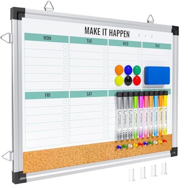 Marsrock Weekly Dry Erase Board and Cork Board Combo for Wall 17x13 Reversible Hanging Dry Erase Board Double Sided White Board with Aluminum Frame for Planning Office Kitchen School Home