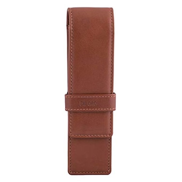 DiLoro Leather Double Pen Case Pencil Pouch Holder for Two Fountain Pens Ballpoint Rollerball and Pencils Bugatti Tan