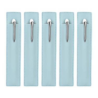 SNOMEL 5 Pack Leather Pen Pouch Sleeve Single Fountain Pen Holder Case Protective Cover Organizer for Stylus Touch Ballpoint Pencils Blue
