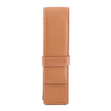 DiLoro Leather Pen Case Pouch Holder for Two Fountain Ballpoint Rollerball Pens or Pencils Tan