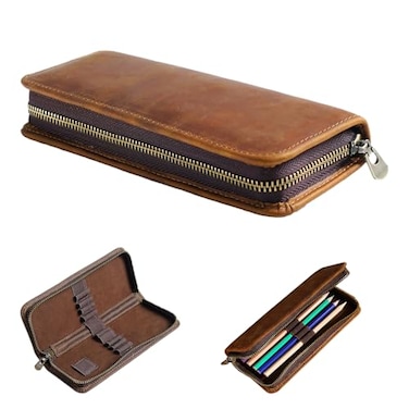 MIVLXLX Leather Pencil Case Organizer 10 Wooden Pencils Portable Pen Case Storage for Drawing Pencils and Markers brown