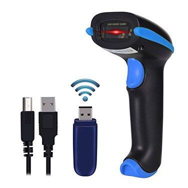 WoneNice 24G Wireless Barcode Scanner 1D Handheld Cordless Barcode Reader for Retail Warehouse Inventory 100ft Range Plug Play Compatible with Windows Linux POS Blue