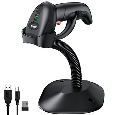 Symcode Bluetooth Wireless Barcode Scanner with AutoSensing StandPutting on Stand to Scan Automatically Sense Scanning 2D QR Bluetooth Barcode Scanner with Battery Level Indicator Moretoone Mode