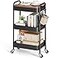 TOOLF 3Tier Rolling Cart with Table Top Metal Storage Cart on Wheels Utility Organizer with Wooden Tray Lockable Casters Easy Assembly for Bathroom Living Room Office Kitchen Black