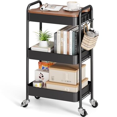 TOOLF 3Tier Rolling Cart with Table Top Metal Storage Cart on Wheels Utility Organizer with Wooden Tray Lockable Casters Easy Assembly for Bathroom Living Room Office Kitchen Black