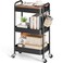 TOOLF 3Tier Rolling Cart with Table Top Metal Storage Cart on Wheels Utility Organizer with Wooden Tray Lockable Casters Easy Assembly for Bathroom Living Room Office Kitchen Black