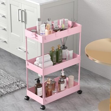 SPACELEAD 3 Tier Rolling Cart with Wheels Storage Craft Art Trolley Organizer Serving 3 Hanging Baskets Easy Assembly for Office Living Room Kitchen Pink