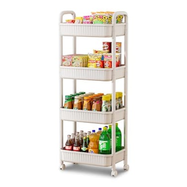 JOYZAN 4 Tier Rolling Carts with Wheels Utility Cart with Handle and Locking Caster Storage Cart for Kitchen Office Bedroom Suitable for Diaper Art Tools Snack Craft Storage Cabinet White