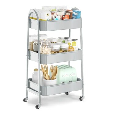 EAGMAK 3 Tier Utility Rolling Cart Metal Storage Cart with Handle and Lockable Wheels Multifunctional Storage Organizer Trolley with Mesh Baskets for Kitchen Living Room Office Garage Grey