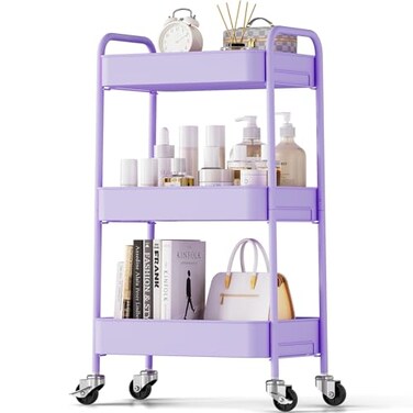 TOOLF 3Tier Rolling Cart Metal Utility Storage Organizer with Lockable Wheels 33 lbs Per Shelf ToolFree 5Min Assembly for Kitchen Bathroom Office Nursery Craft Room Purple