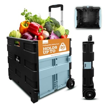 Inspired Living UltraSlim Rolling Collapsible Storage PackNRoll Utilitycarts with Telescopic Handle for Home Garden Shopping Office School use Large Baby Blue Black