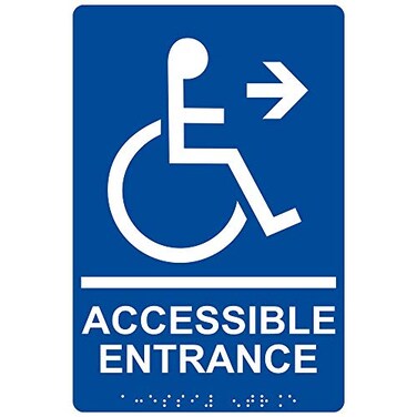 ComplianceSignscom Accessible Entrance Right Sign ADACompliant Braille and Raised Letters 9x6 inch Blue Acrylic with Mounting Strips American Made Safety Signs for the Workplace