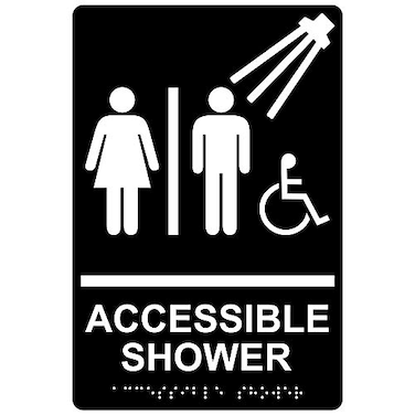 ComplianceSignscom Accessible Shower Sign ADACompliant Braille and Raised Letters 9x6 inch White on Black Acrylic with Adhesive Mounting Strips