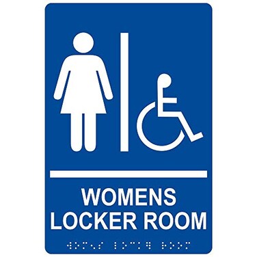 ComplianceSignscom Womens Locker Room Sign ADACompliant Braille and Raised Letters 9x6 in White on Blue Acrylic with Adhesive Mounting Strips
