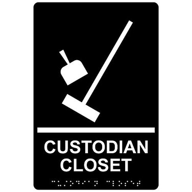 ComplianceSignscom Custodian Closet Sign ADACompliant Braille and Raised Letters 9x6 in White on Black Acrylic with Adhesive Mounting Strips