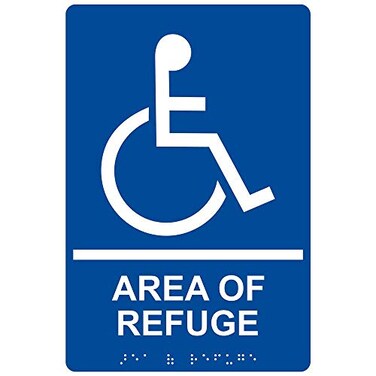 ComplianceSigns Area of Refuge Sign ADACompliant Braille and Raised Letters 9x6 in White on Blue Acrylic with Adhesive Mounting Strips by