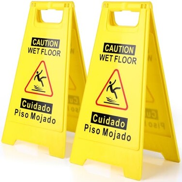 WOUSEDO 2Pack Caution Wet Floor Sign175 HeightBright Yellow DoubleSided Folding AShaped Frame Design Bilingual Caution Message