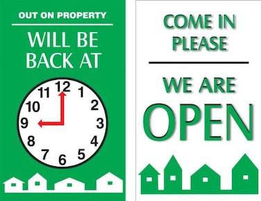Accuform MPCM503 DuraPlastic DoubleSided Be Back Clock Sign Legend OUT ON PROPERTYWILL BE BACK AT CLOCK GRAPHICCOME IN PLEASE 8 Lengthx5 Widthx0062 Thickness GreenWhite