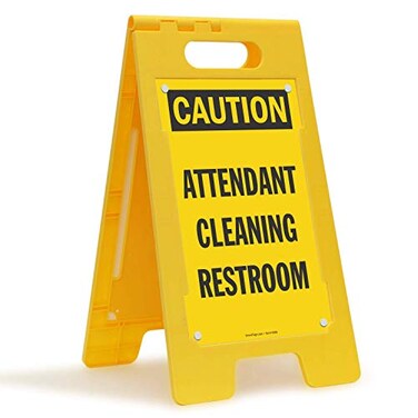 SmartSign 25 x 12 inch Caution Attendant Cleaning Restroom TwoSided Folding Floor Sign with Falling Symbol Portable and Lightweight AFrame Easy Grip Handle Plastic Black and Yellow