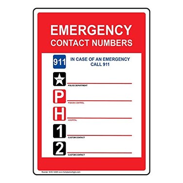 ComplianceSignscom Emergency Contact Numbers 911 Sign 10x7 inch Aluminum for Emergency Response