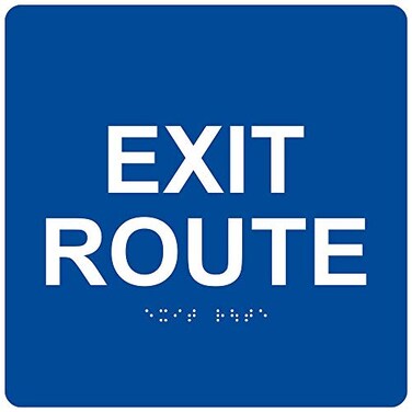 ComplianceSignscom Exit Route Sign ADACompliant Braille and Raised Letters 6x6 in White on Blue Acrylic with Adhesive Mounting Strips American Made Safety Signs for the Workplace