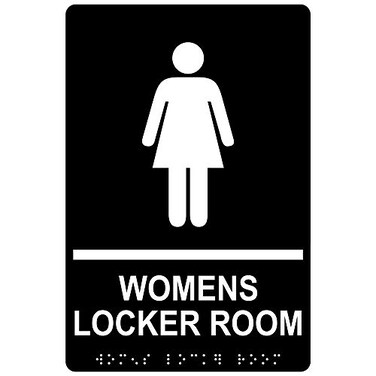 ComplianceSignscom Womens Locker Room Sign ADACompliant Braille and Raised Letters 9x6 inch White on Black Acrylic with Adhesive Mounting Strips