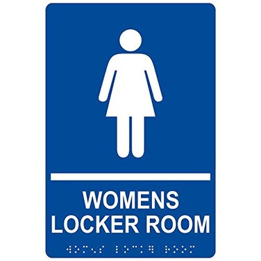 ComplianceSignscom Womens Locker Room Sign ADACompliant Braille and Raised Letters 9x6 in White on Blue Acrylic with Adhesive Mounting Strips